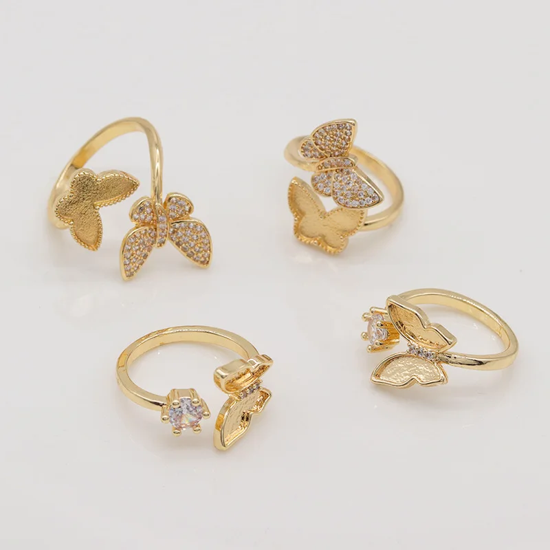 

6pcs Brass Casted Champagne gold Plated Women CZ Cute Ring Settings Blanks Cameo Base Quality DIY Adjustable Rings Findings