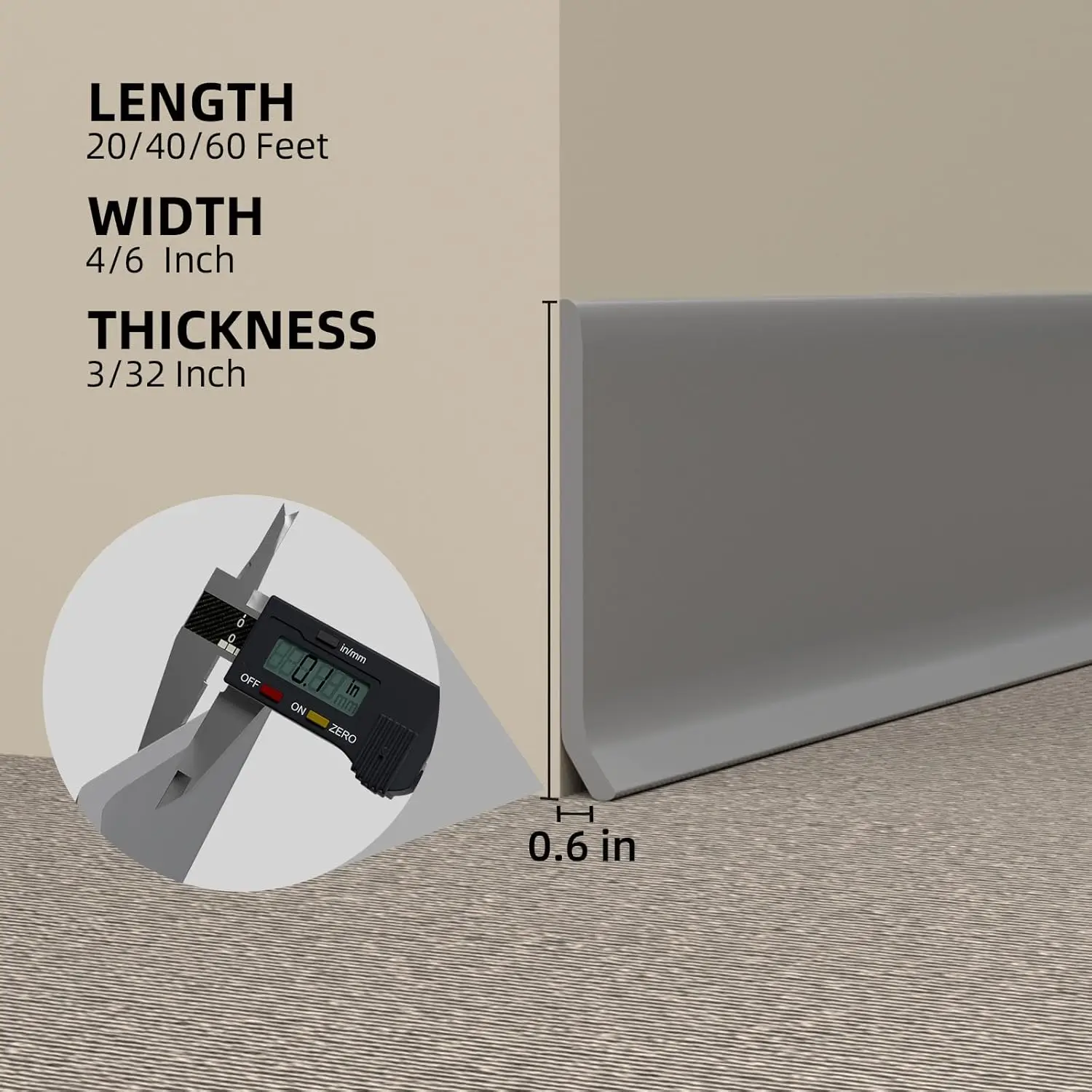 Flexible Wall Baseboard Molding Trim, 6 inch Self-Adhesive Vinyl Floor Base, Peel and Stick Rubber Base Moulding(Grey, 60ft)