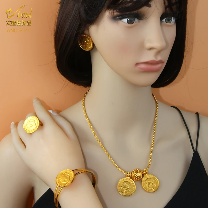 Ethiopian Luxury Chains Necklace African Jewelry Sets 24K Gold Color Coin Earrings Rings Bracelets Set Dubai Wedding Party Gifts