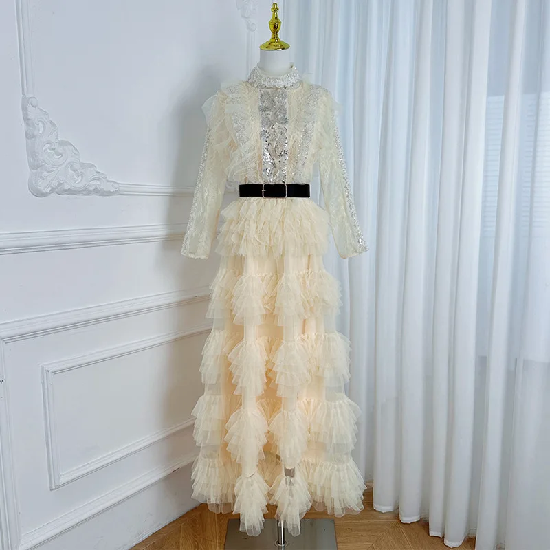 

Летнее вечернее платье макси с длинным рукавом из тюля и кружева, роскошное бальное платье для женщин, осеннее, с пайетками и стразами, для вечеринок