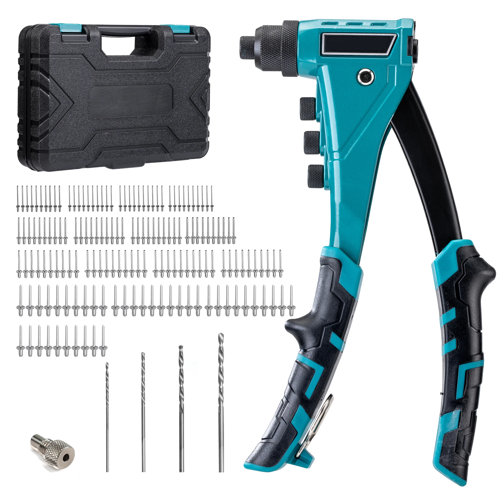 Professional Heavy-Duty Rivet Gun, One-Handed Pop Rivet Gun Set Robust Riveter with Shaft Container, Manual Riveting Tool, Tool-Free Interchangeable Heads, for Metal, Wood, and Plastic