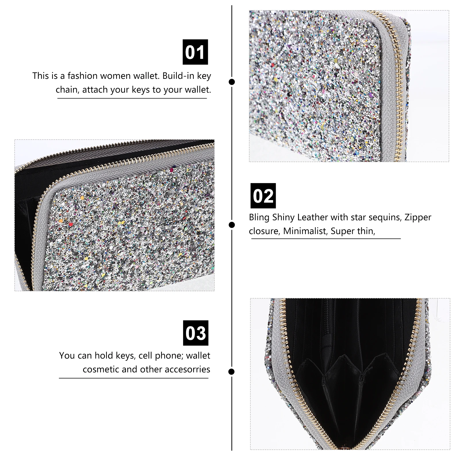 

Women Wallet Star Sequins Silver Zipper Coin Purse Built-in Key Chain Slim Lightweight Stylish Evening Party Bag