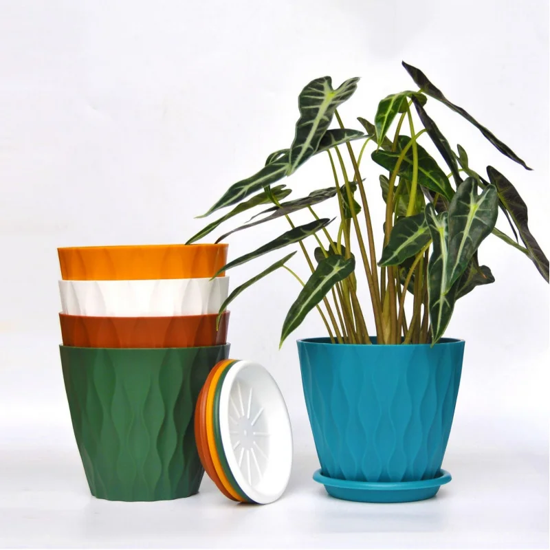 5 Pieces 6 1-inch Plastic Flower Pot with Saucer Thickened PP Material Modern Wave Pattern Indoor and Outdoor Garden Plant Pots