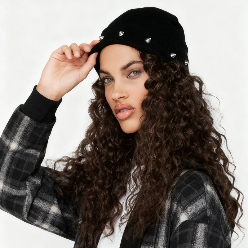 1 Stück Punk-Stil mit Nieten verzierte Beanie-Mütze, Outdoor Y2K Vintage Solid Black Warm Knitt Kopfbedeckung, geeignet für den täglichen All-Winter-Wear