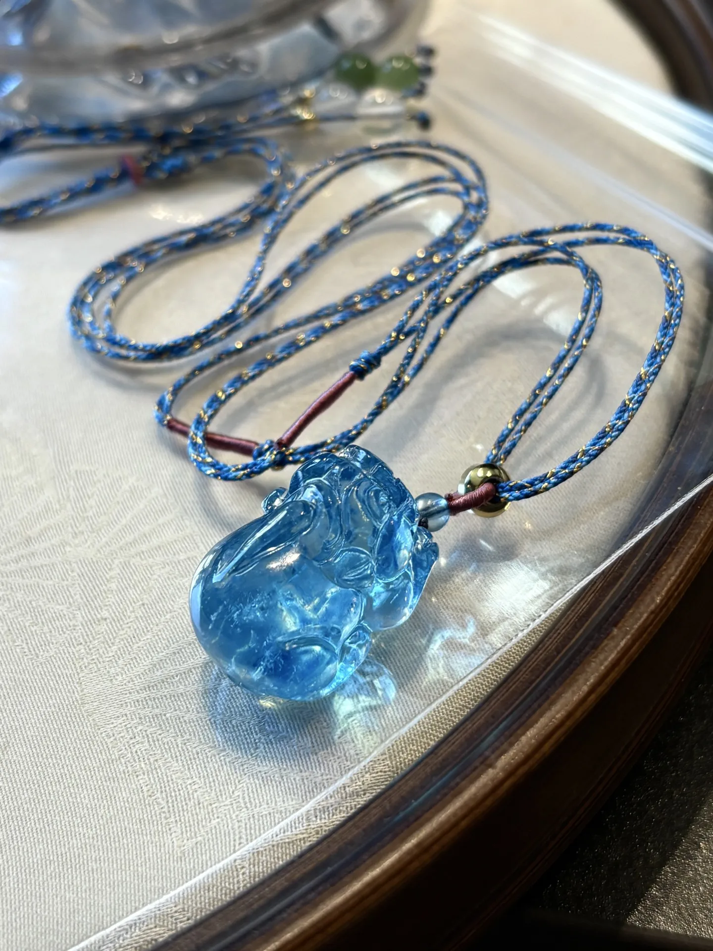 

Natural Blue Aquamarine Quartz Pi Xiu Pendant Carved Jewelry 20x14x13mm Aquamarine Oval Necklace AAAAA