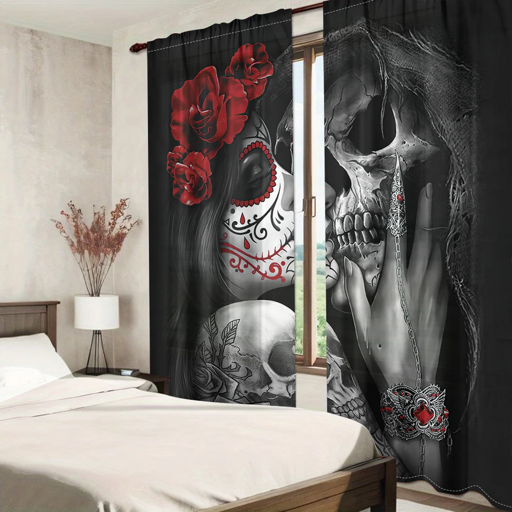 2pcs Halloween Red Rose Gothic Skeleton Rod Pocket Curtain For Living Room Bedroom Office Child Room Decor Study Coffee Shop