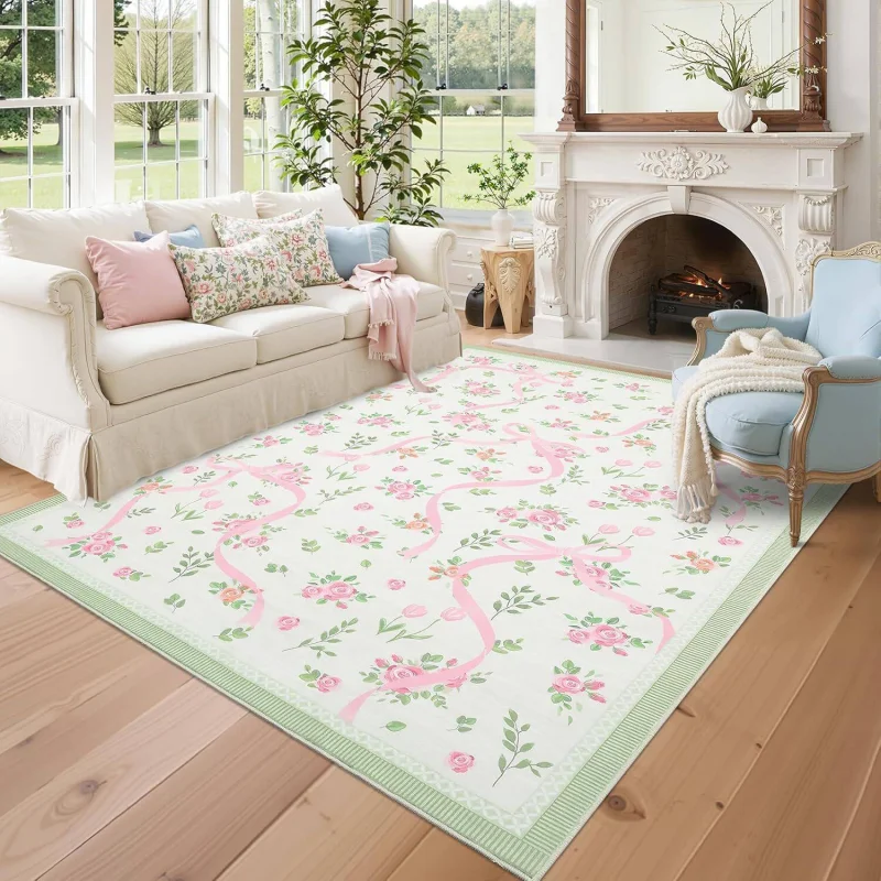 VIKAMA French Floral Living Room Carpet Non Slip Easy Clean Sofa Floor Mat Bedroom Cloakroom Indoor Home Decor Rug