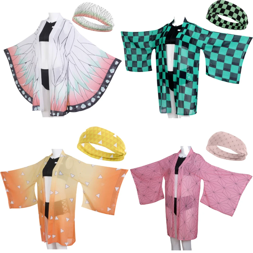 

Womens Anime Demon Kochou Shinobu Bikini Swimsuit Kimono Cardigan Cover Up Summer Beach Bathing Cosplay Costume Suit Set