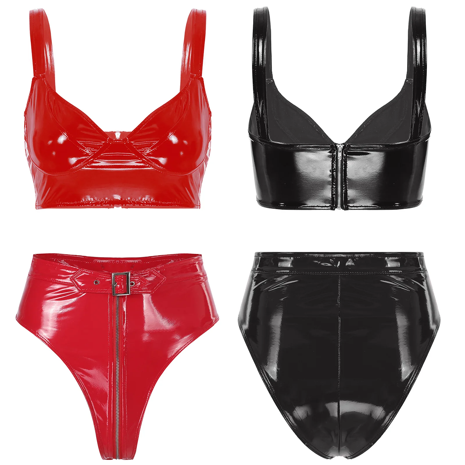 Womens Wet Look Patent Leather Lingerie Set Wireless V Neck Bra Top with High Waist Zipper Crotch Briefs Sexy Clubwear