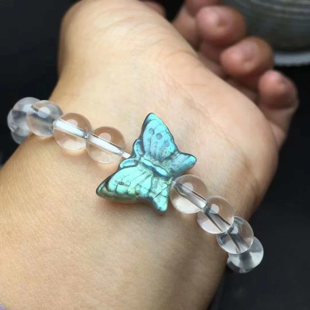 Unit One Bracelet 6mm Popular Sale Natural Labradorite Crystal Healing Butterfly Carving Bracelet With Clear Quartz Bead