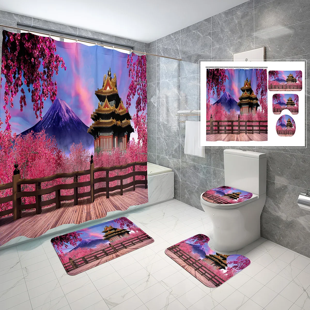 

Набор из 4 предметов: занавеска для душа с весенними цветами вишни, занавеска для ванной с изображением японской горы Фудзи, нескользящий коврик для ванной, чехол для унитаза