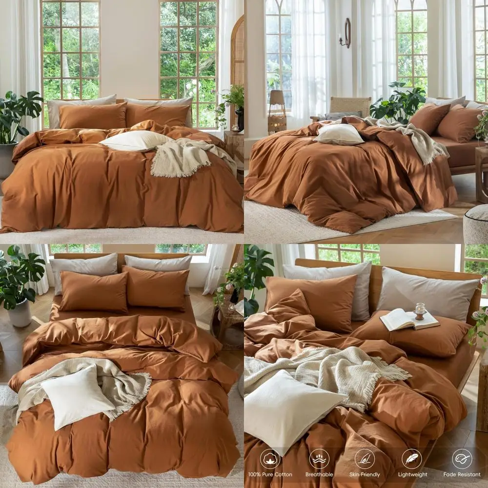 

100% Washed Cotton Duvet Cover Set, Linen Texture, Breathable, Durable, Soft and Comfortable, Dark Orange, King Size, Suitable f