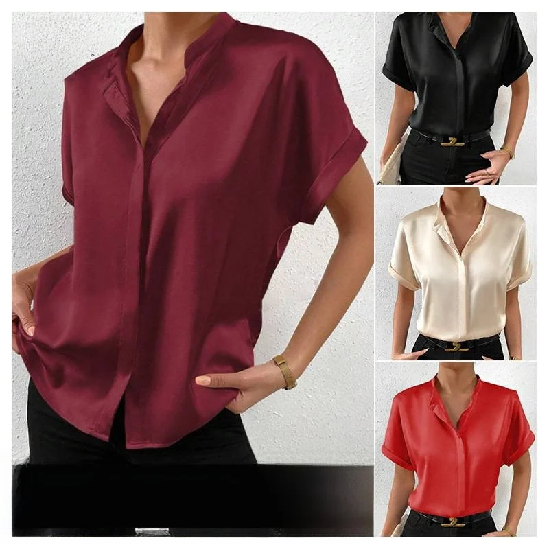 

Pure Color Silk Satin Short Sleeve Shirt Shoulder to Shoulder Collar Stand up Neckline Women's Fashion Cross-Border Top