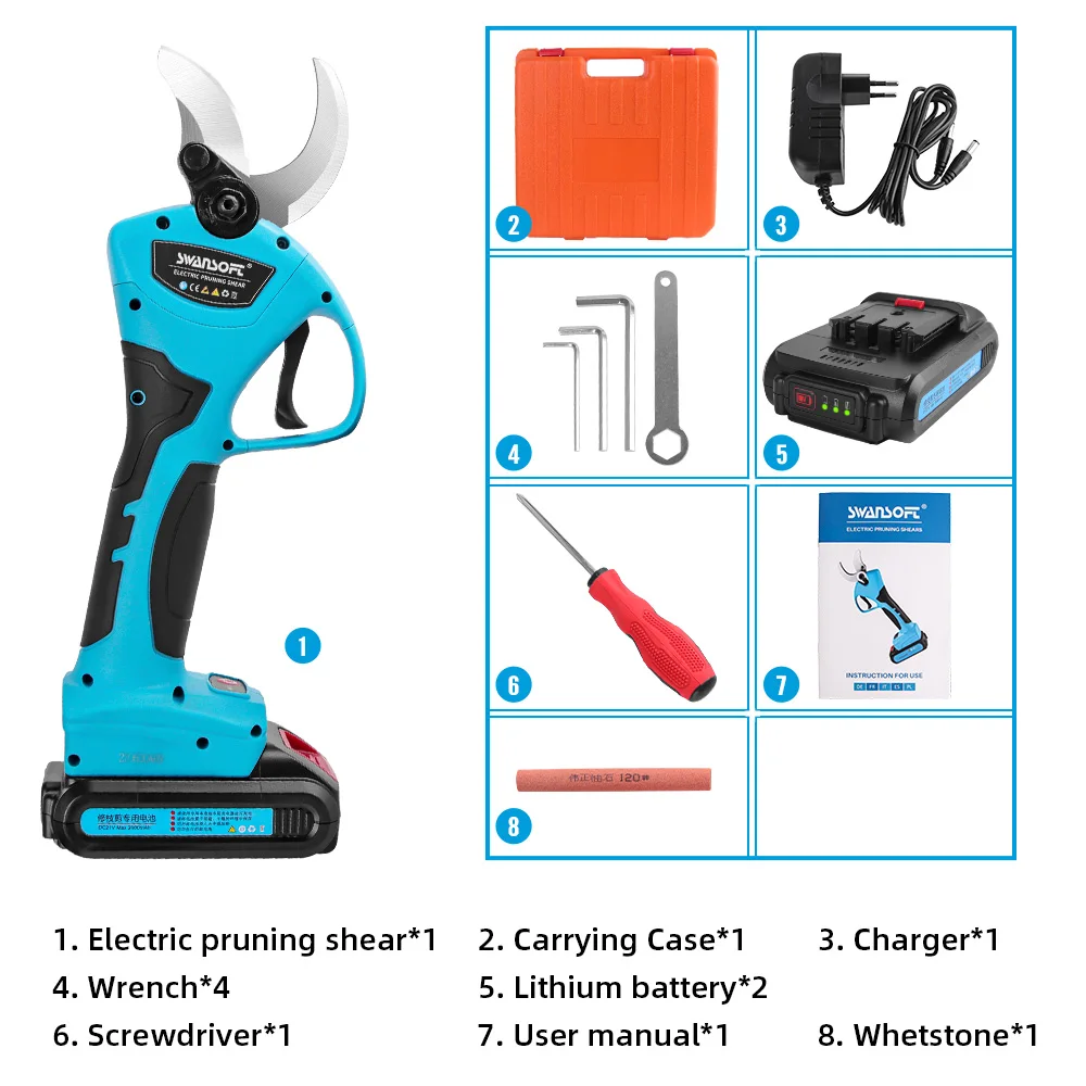 Tijeras de podar eléctricas inalámbricas afiladas profesionales, podadora de ramas de árboles con batería de litio de 21V y 2Ah, diámetro de corte de 40mm