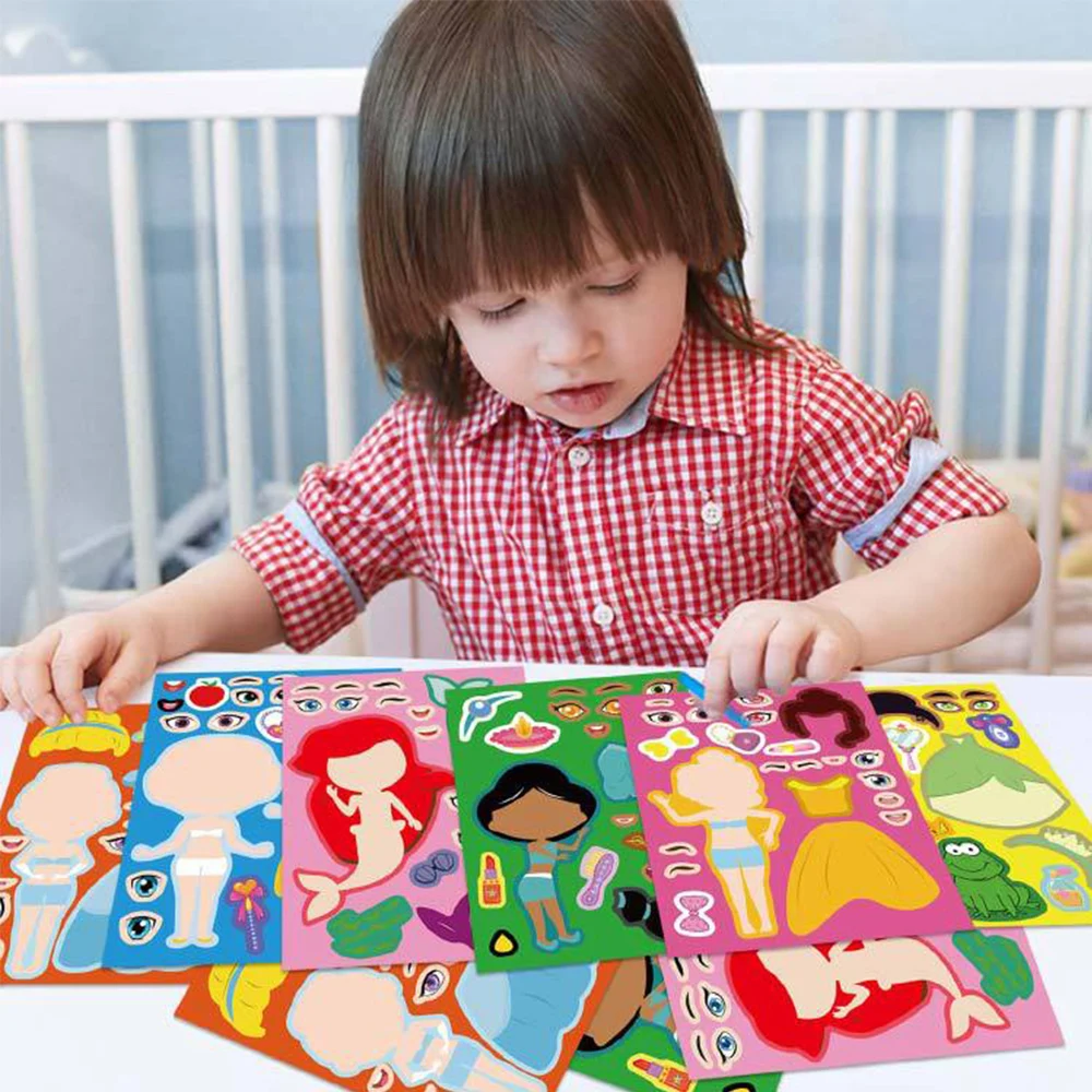 6/12Sheets Disney Cartoon Princess Children Puzzle Stickers Make-a-Face Funny Assemble Jigsaw DIY Sticker Kids Educational Toys