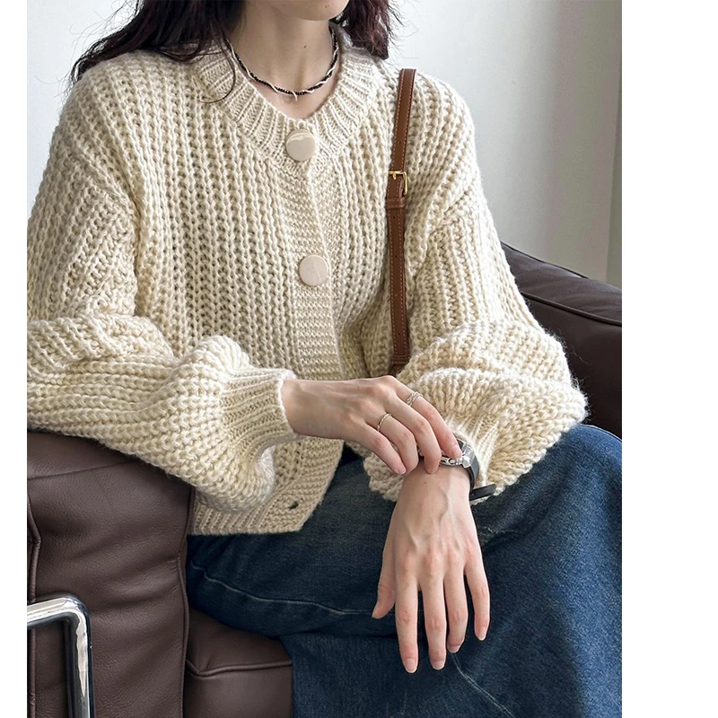 2024 Women Autumn O-Neck Single Button Design Cardigans Coat Thick Knitted Beige Sweater Women Winter Cape Clothes Tops