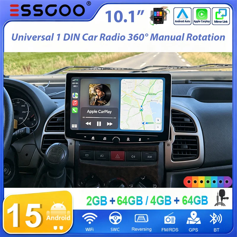 ESSGOO 10,1" 360 °   Manuell drehbares Android 15 2GB+64GB/4GB+64GB Head Unit 1 Din Autoradio GPS Navi für universellen Auto-Multimedia-Player, kabelloses Carplay, Android Auto, Bluetooth Mirror Link,