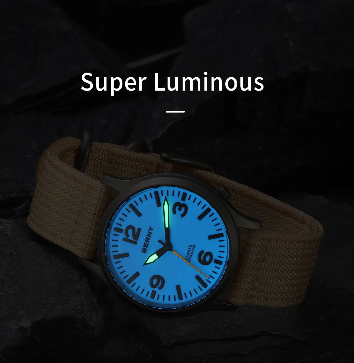 BERNY Titanuhren für Herren, Saphir-Feldsport-Quarzuhr, voll leuchtendes Zifferblatt, wasserdichte Armbanduhr für den Außenbereich – Detail 6
