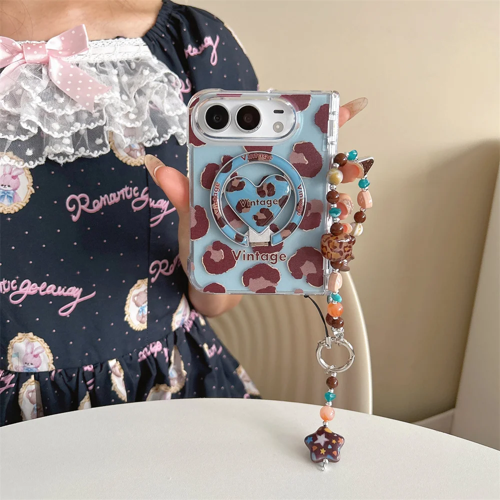 Fashion Korean Cute Brown leopard blue Magnetic Phone Case For iPhone Duo Cover Kawaii Protective Cases With Chain For Magsafe