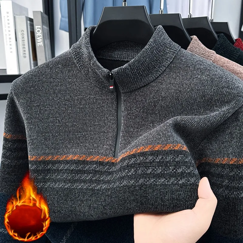 

High quality personalized striped color blocked sweater men's fashion half zipper round neck winter thick warm knitted pullover
