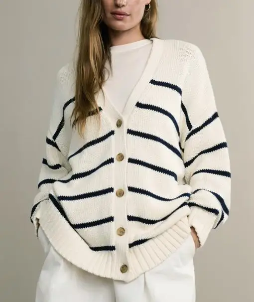 

2025 Autumn/Winter New V-neck Cardigan Sweater Pure Cotton Striped Sweater Women Striped Knitted Cardigan Women's