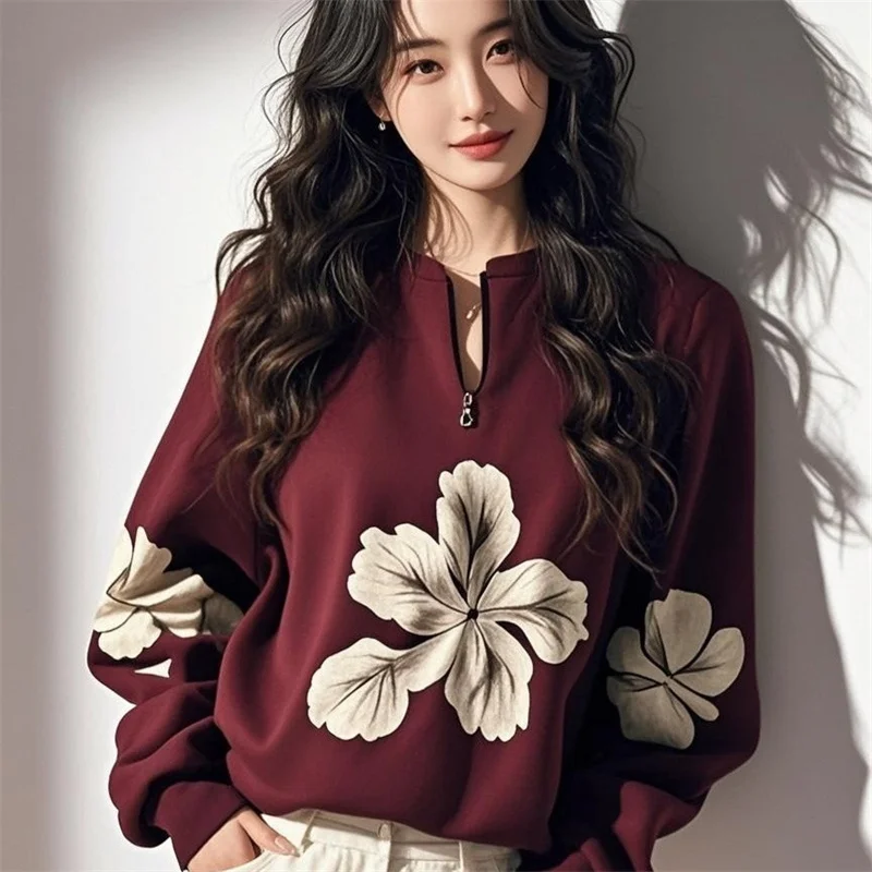 2025 Super beau sweat à capuche Unique noir violet demi fermeture éclair col en v imprimé haut ample femmes printemps automne manteau pull