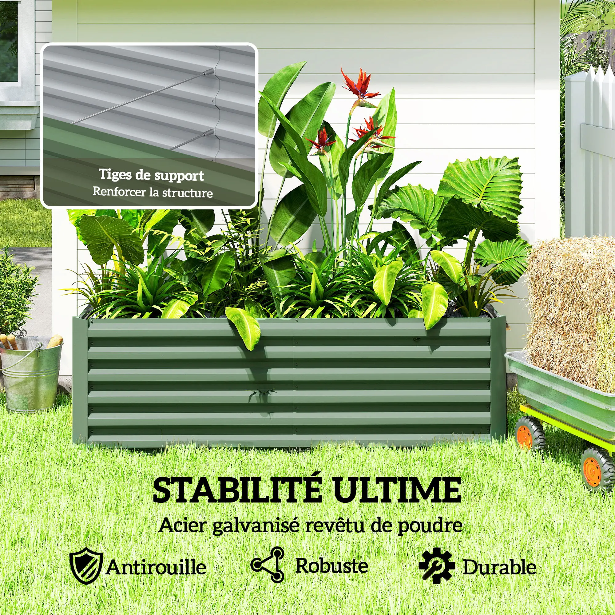 Outsunny Jardinière elevada de acero galvanizado, cama de jardín con fondo abierto, 180 x 90 x 57,5 cm, verde claro