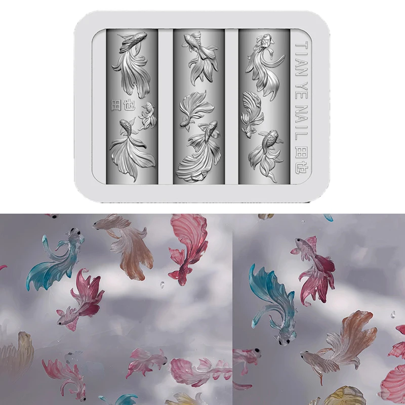 1PCS 3D Three Dimensional Carved Lotus With Fish Nails DIY Design Silicone Nail Art Templates Nails Mold
