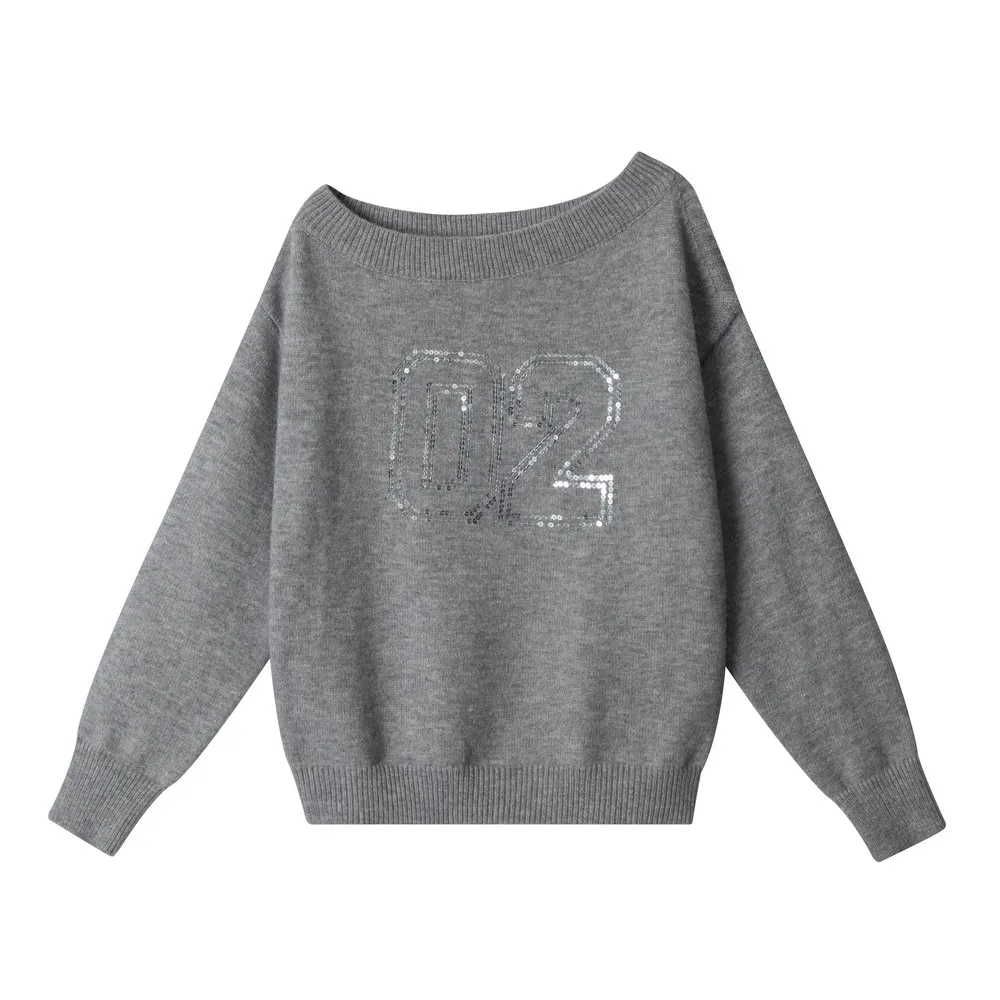 

Асимметричные свитера с открытыми плечами и принтом цифр, дизайнерская трикотажная зимняя одежда, пуловеры, топы для женщин и девочек, офис