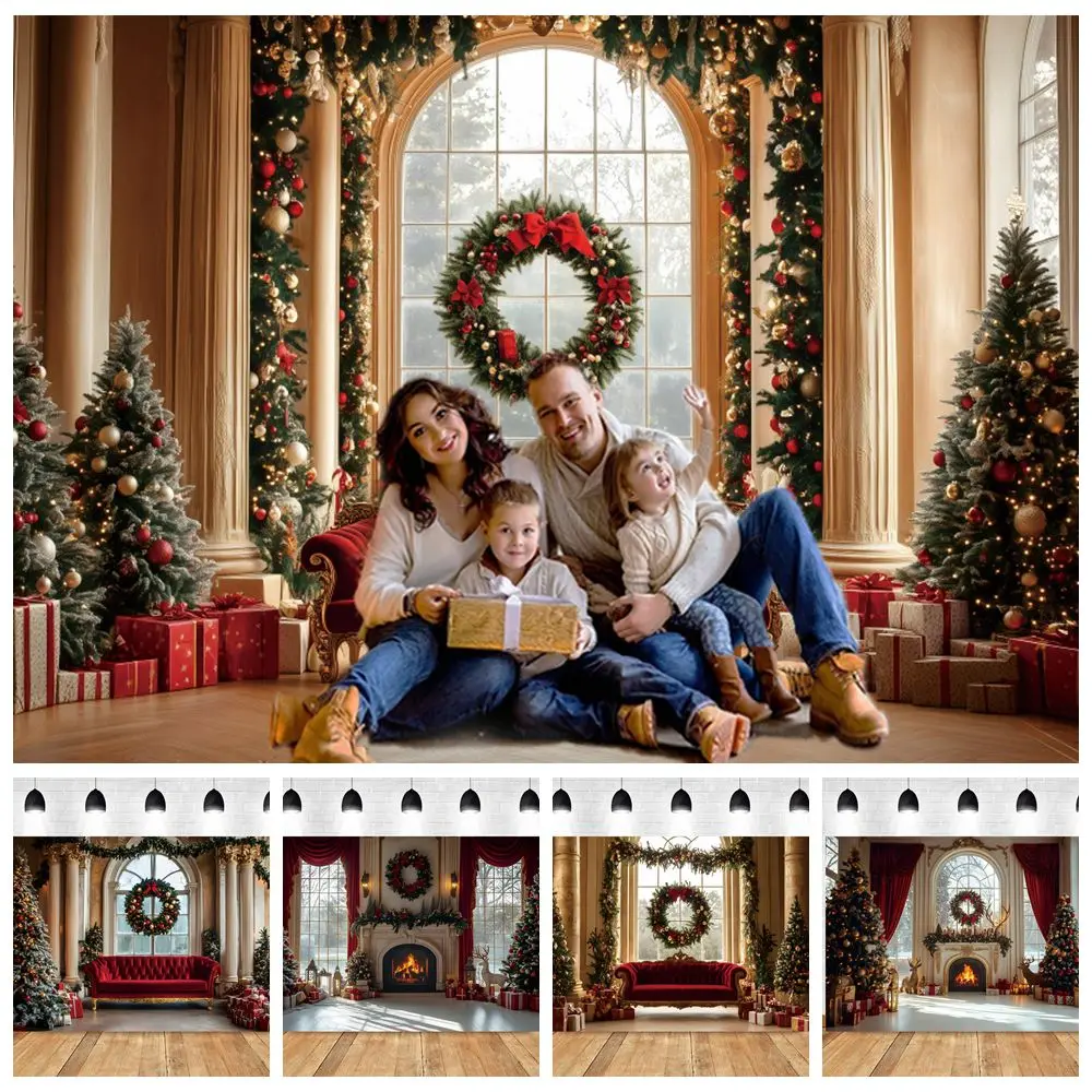 Red Chirstmas Backdrop Interior Living Room Window Sofa Xmas Tree Gift Wreath Family Portrait Photography Background Photostudio