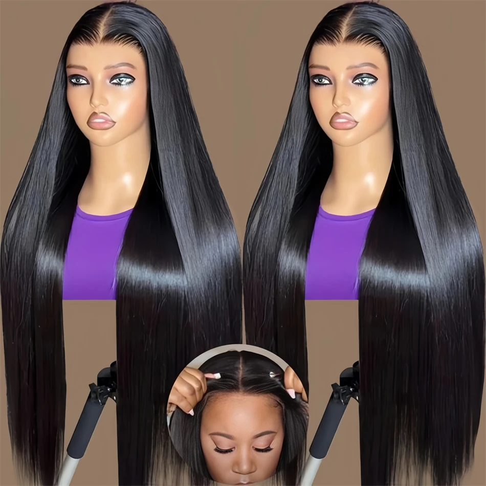 Perruque Lace Front Wig sans colle naturelle, cheveux humains lisses, 5x5, 4x4, pre-plucked, pre-plucked, pour femmes