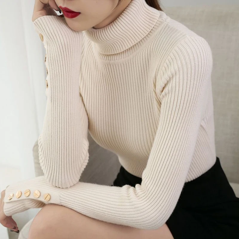 Knitted Turn-down Turtleneck Women Sweater Button Long Sleeve Pullovers Autumn Winter Basic Femme Sweaters Slim Solid Pull Tops