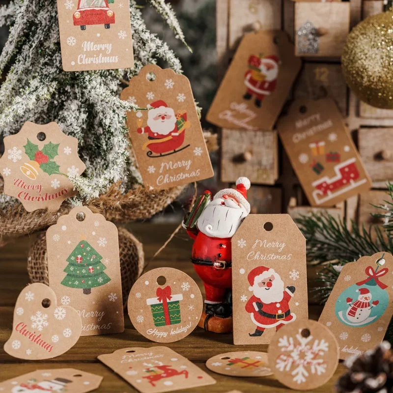 

50pcs/set Christmas Hanging Labels Snowman Santa Elk Kraft Paper Cards Gift Wrapping Tags Home Party Christmas Tree Decorations