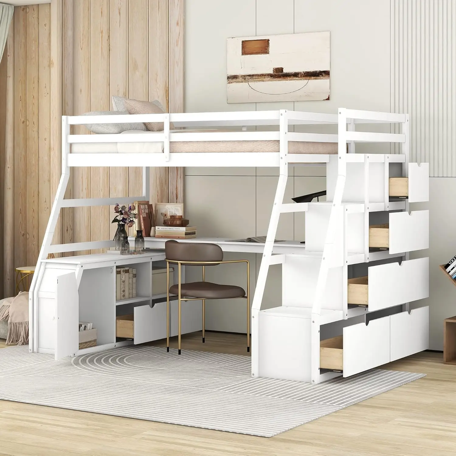 Twin Loft Bed With Stairs And Desk, Solid Wood Loft Bed Frame With Storage 7 Drawers 2 Shelves, For Kids Teens Adults (White)