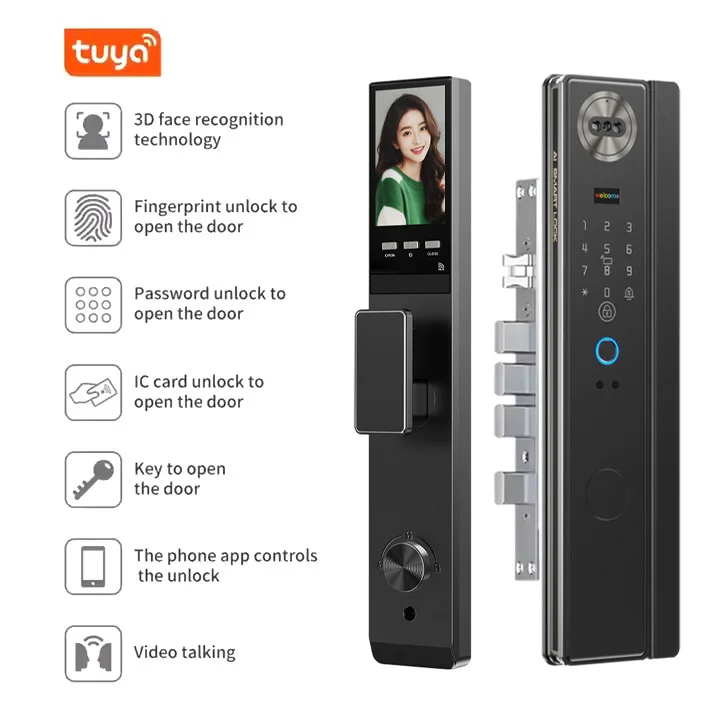 3D Face Recognition Smart Lock Aluminum Support Tuya App WiFi Fingerprint Password Card Access Intercom Cloud Storage