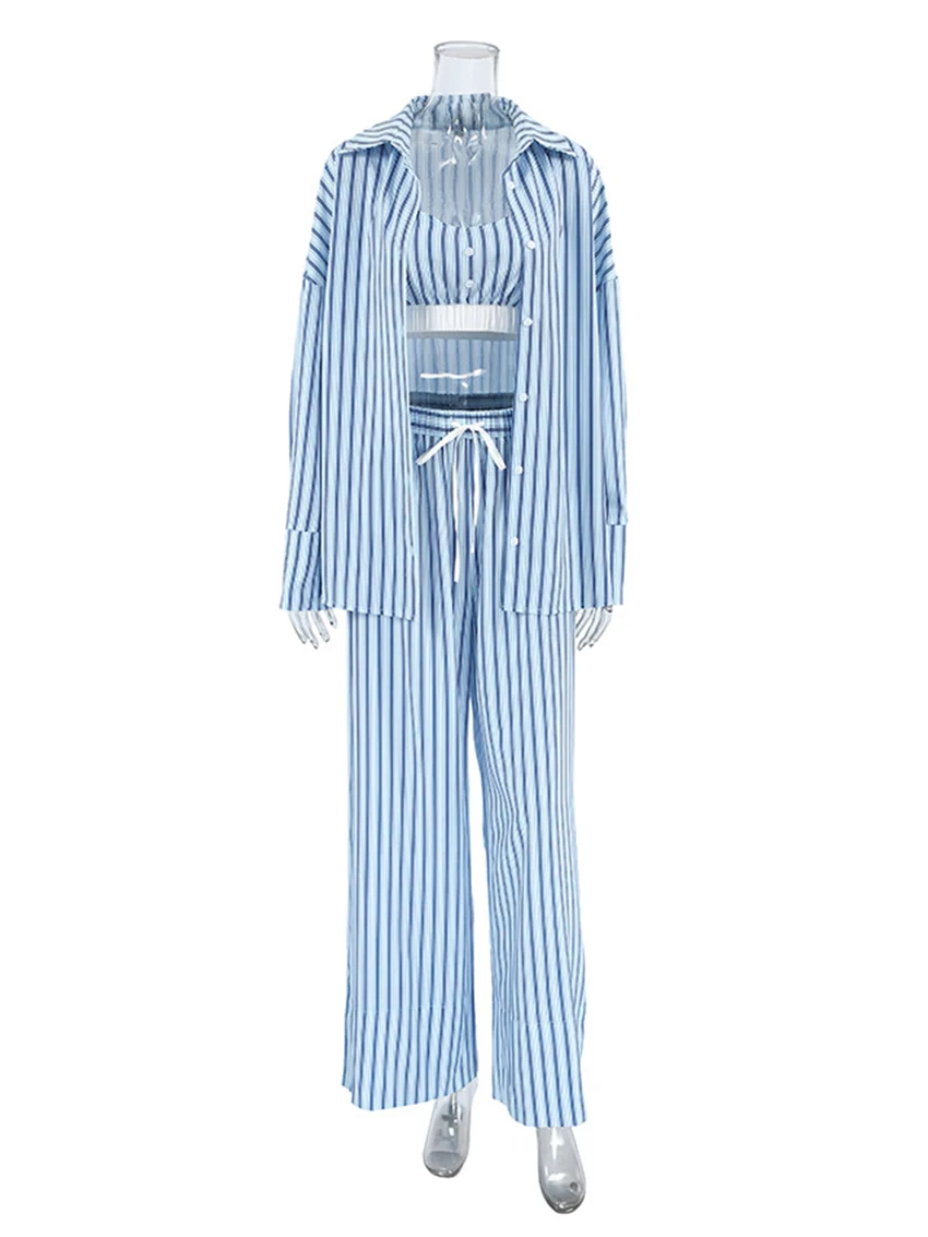 Marthaqiqi Striped Female Pajama Suit Turn-Down Collar Sleepwear Tank Tops Nightwear Long Sleeve Pyjamas Pants Women Nightie Set