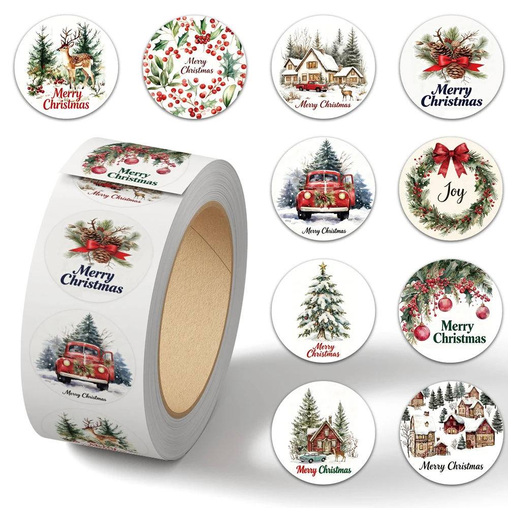 

500pcs/roll Merry Christmas Theme Cartoon Stickers Retro Graffiti Sticker DIY Notebook Luggage Phone Sealing Label Decal Packing