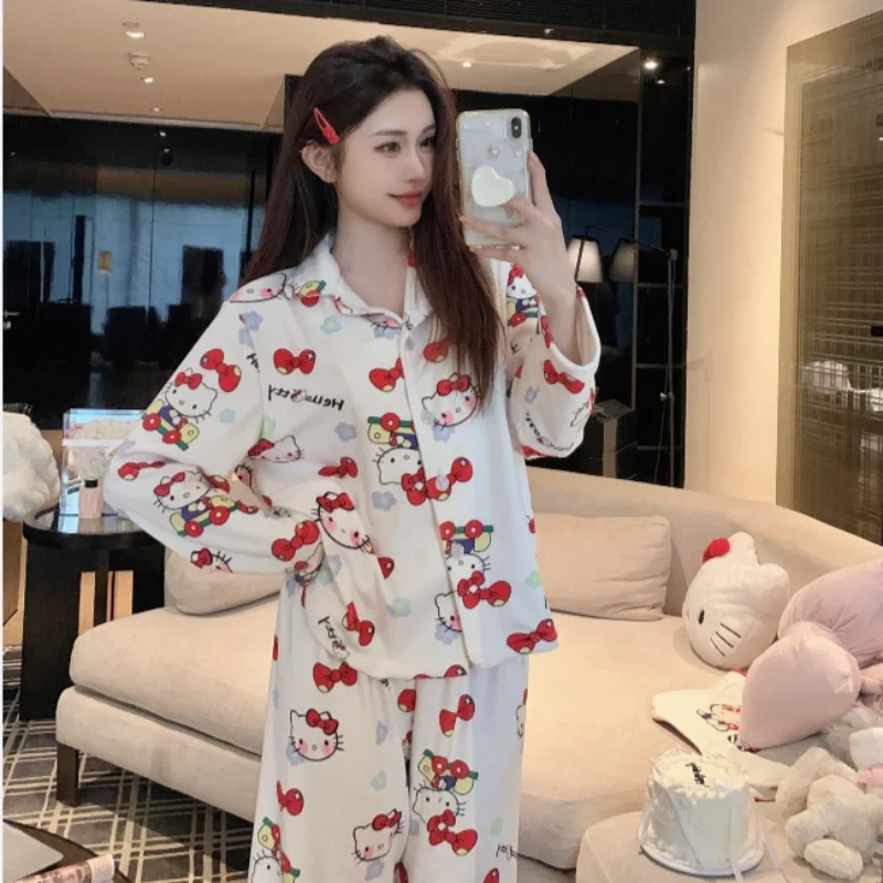 Cartoon Hello Kitty pajamas winter women\'s pajamas lapel cotton thermal casual two-piece suit new Sanrio Hello Kitty loungewear