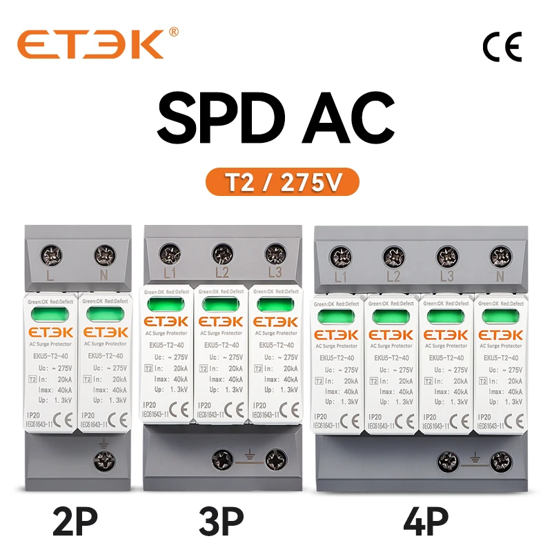 ETEK House Surge Protective Device Protector Arrester Protection Type T2 SPD AC 2P 3P 4P 20KA~40KA 275V EKU5