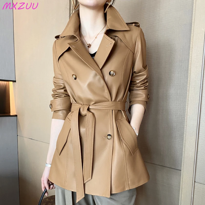 Sheepskin Coat Women's Winter New Fashion Lapel Double-Breasted Belt Waist Closing Medium to Long Genuine Leather Jacket Trench