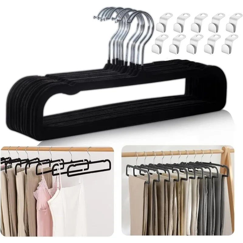 Velvet Pant Hangers, 20pcs Heavy Duty Flocked Trouser Hangers with Non-Slip Bar, 35cm(L) Adult Clothes Hanger with Swivel Hook