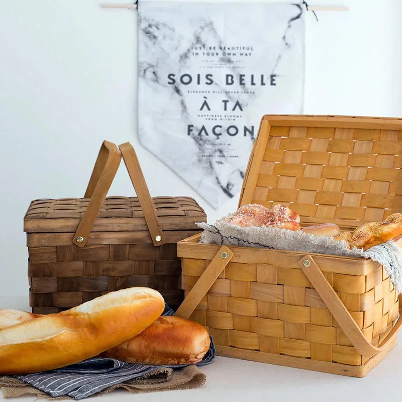 France Style Picnic Basket Bread Baskets Hiking Storage Box Cake Table Decorating Food Photography Hand-Wood Color