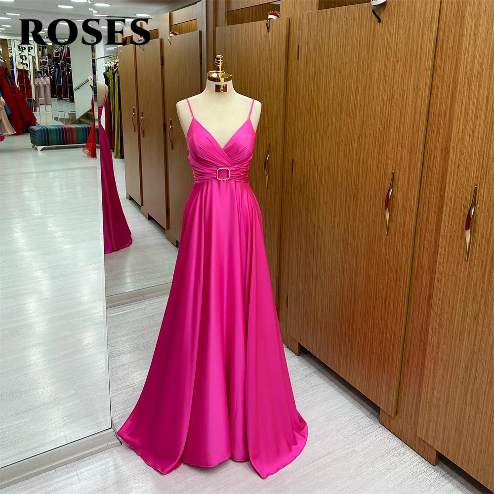 

ROSES Fuchsia Stain Formal Dress Spaghetti Strap V Neck Party Dress For Wedding Pleat Beach Special Occasion Dresses robe soirée