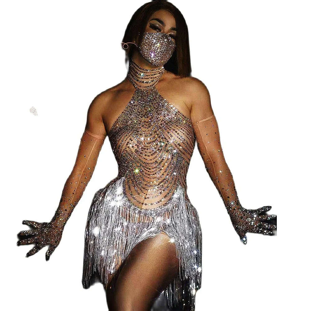 

Glistening Rhinestones Mesh Net Perspective Bodysuits Silver Crystal Tassel Women Jumpsuits Ladies Nightclub Performance Costume