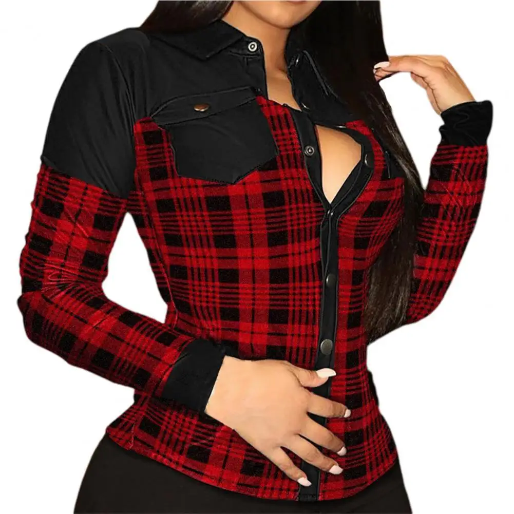  Women Shirt Plaid Printing Solid Color Slim Faux Leather Cool V Neck Blouse for Daily Wear