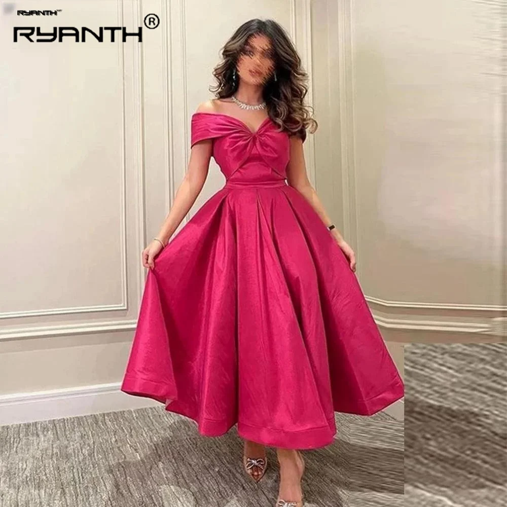 Ryanth ชุดเดรสราตรีทรง A line fucsia แบบซาอุดิอาระเบีย2023เปิดไหล่ชุดราตรียาวเจ้าหญิงคอวี