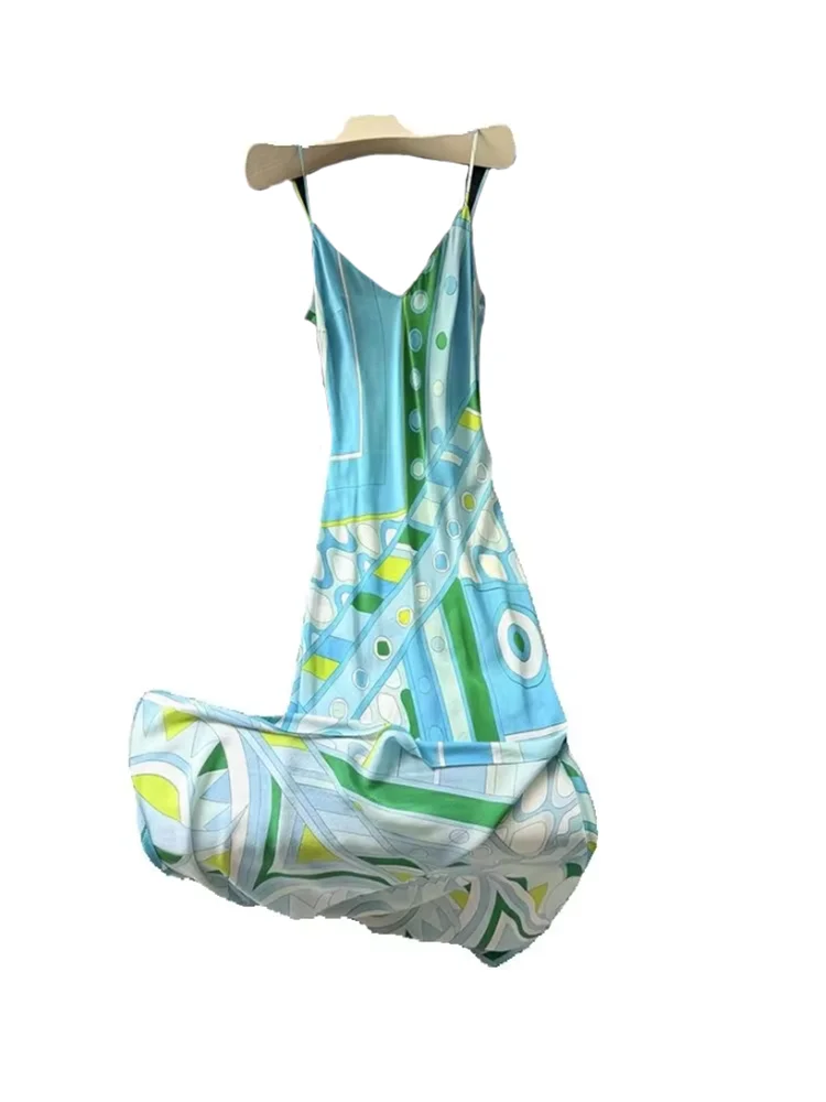 Summer Fashion Beach Outdoors Elegant Geometric Print High Silk Long Dress Women's Spaghetti Strap V-Neck Sexy Side Split Dress