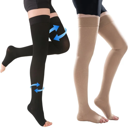 Imagen 2 del producto 1 par de calcetines de compresión alta hasta el muslo, soporte firme, medias de compresión degradadas de 20-30 mmHg con banda de silicona, tratamiento para Edema