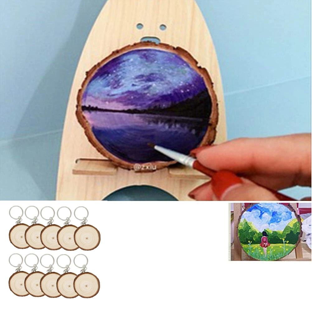 5Pcs/Set Unfinished Wood Slices Keychain Blank Hand-painted Wooden Keychain Vintage DIY Wood Keychain Car Bag Pendant