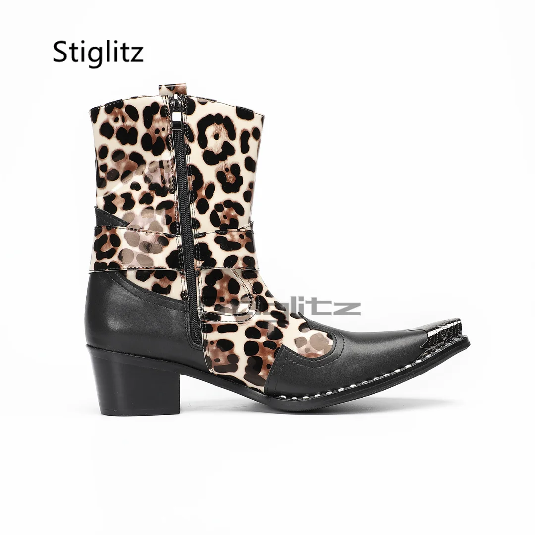 Leopard Print Cowboy Boots for Men Metal Toe Genuine Leather Patchwork High Heels Chelsea Short Boots Casual Party Dress Shoes